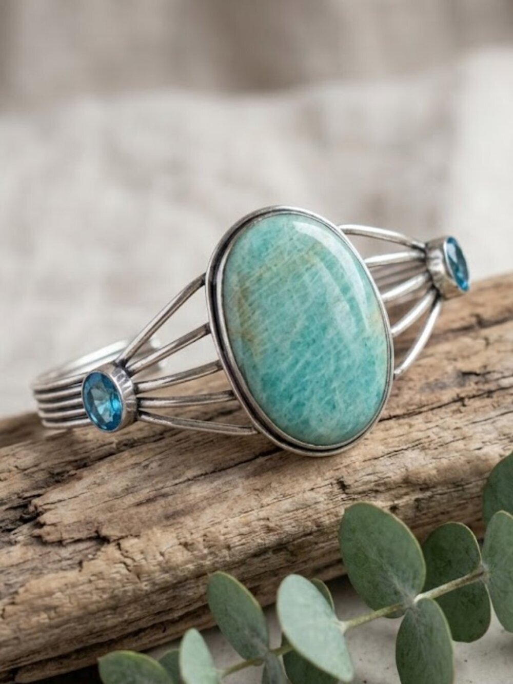 925 Sterling Silver Genuine Amazonite Blue Topaz Cuff Bracelet Western Boho